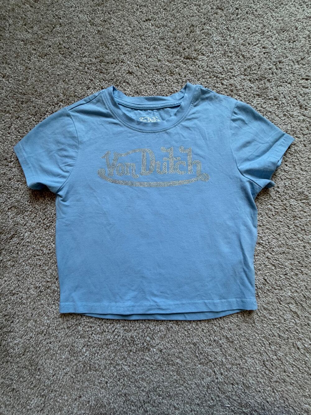 Von Dutch Rhinestone Logo Baby Blue Y2K Baby Tee Crop Top Mcbling Bratz